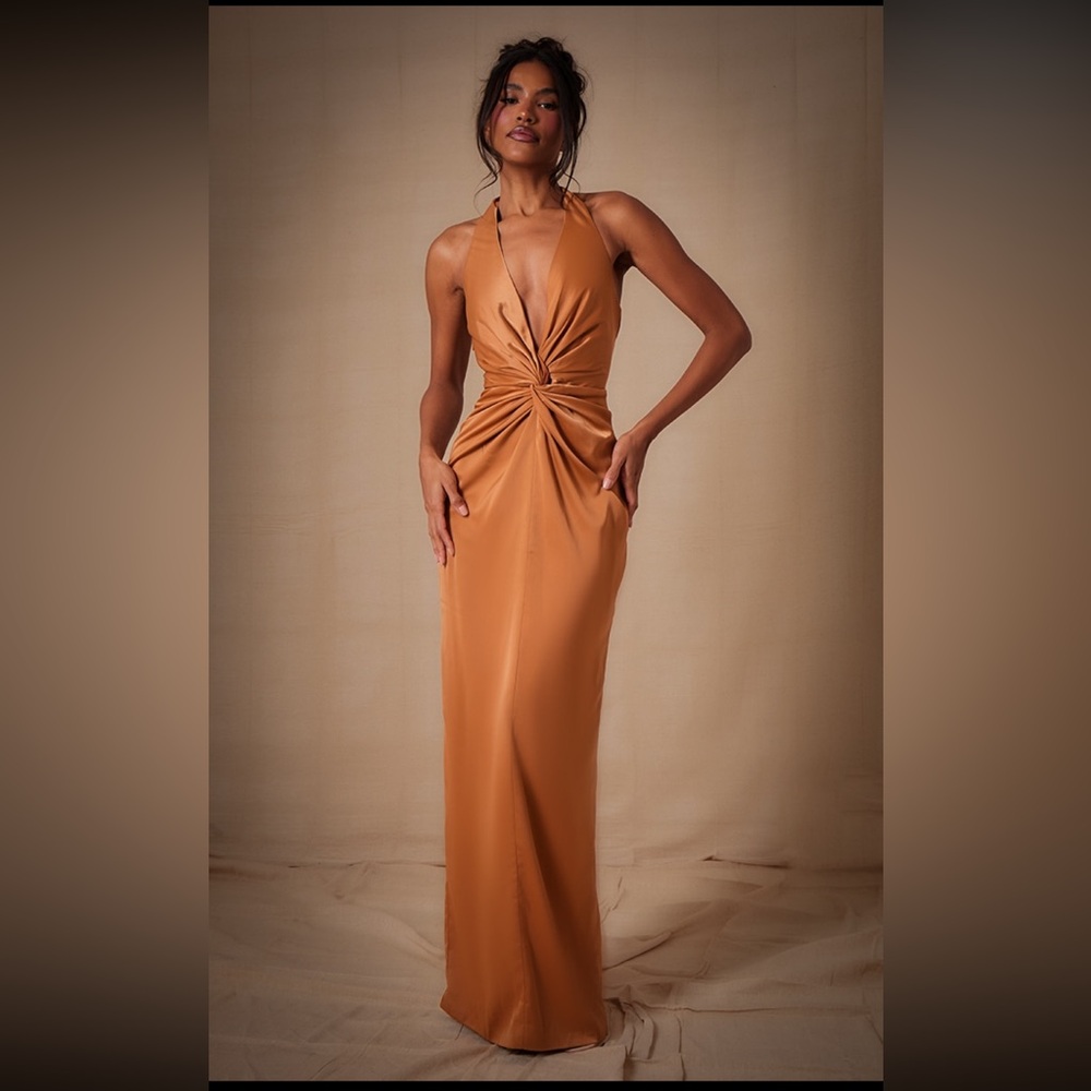 A Copper Satin Twist Plunge Halterneck Maxi Dress